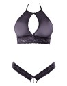 Soutien-gorge bandeau, en dentelle et résille noire et string ouvert - R2213648