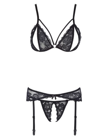 Ensemble trois pièces avec soutien-gorge fendu, porte-jarretelles et string noir - R2230348