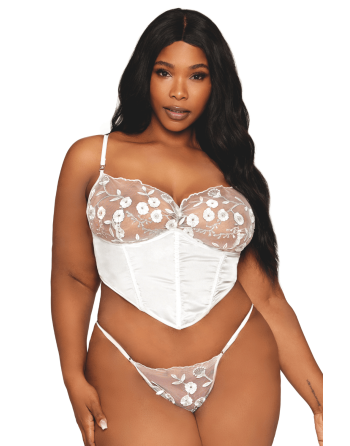 Bustier blanc avec armatures grande taille, en satin et dentelle florale - DG13262XWHT